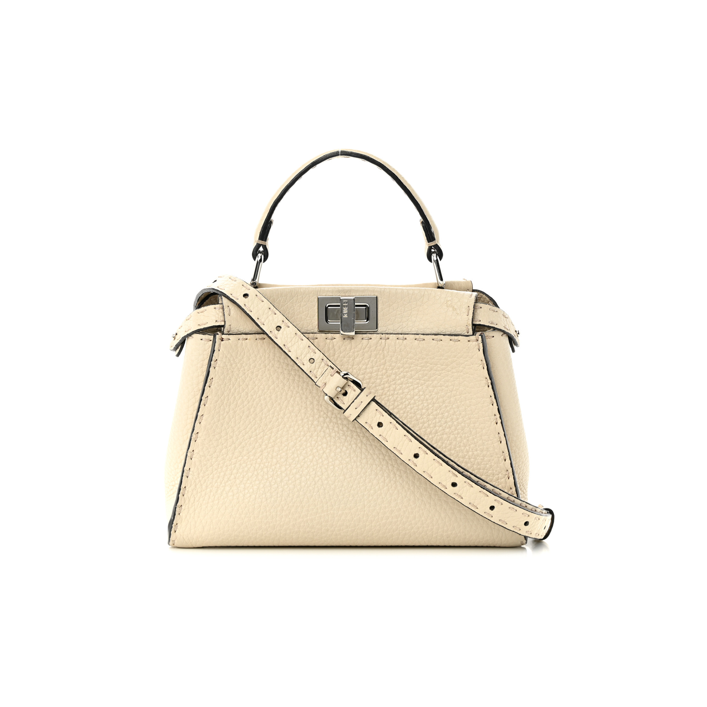 FENDI CUOIO ROMANO SELLERIA MINI PEEKABOO ICONIC SATCHEL LATTE (23*17*12cm)