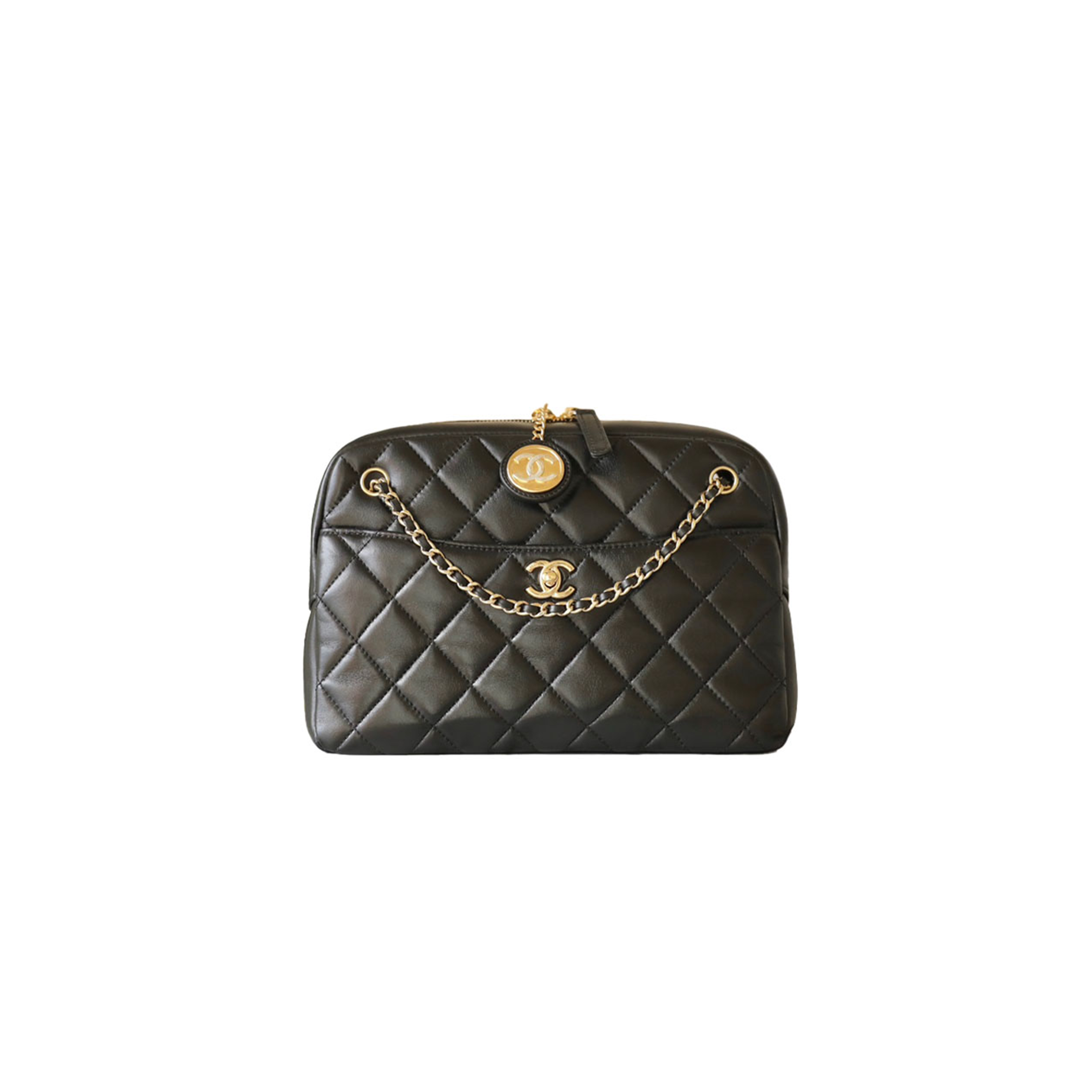 CHANEL GOLD COIN CAMERA BAG BLACK MEDIUM GOLD BUCKLE AS5190 (24*19*9cm)