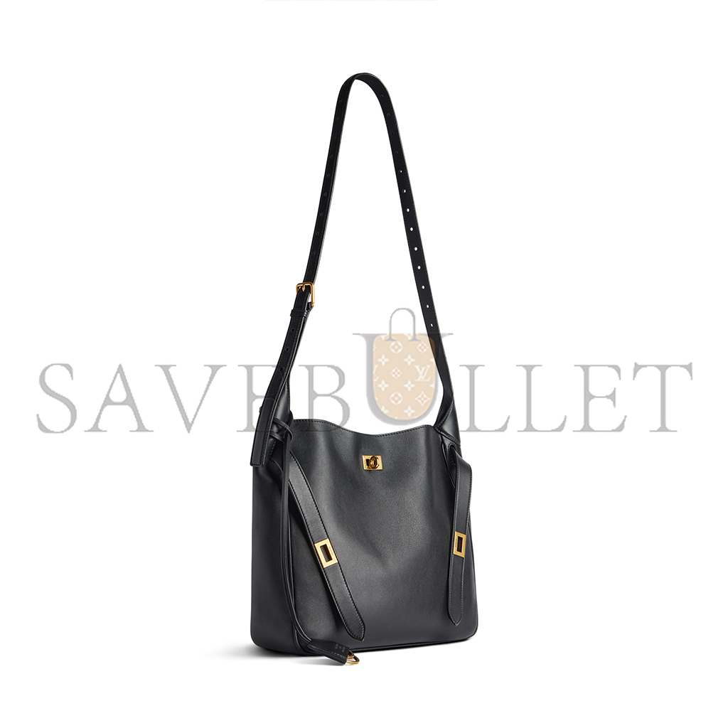 BALENCIAGA BEL AIR SMALL HOBO BAG IN BLACK SMOOTH CALFSKIN, AGED-GOLD HARDWARE 8110182ABAV1000 (26.9*25.9*9.9cm)