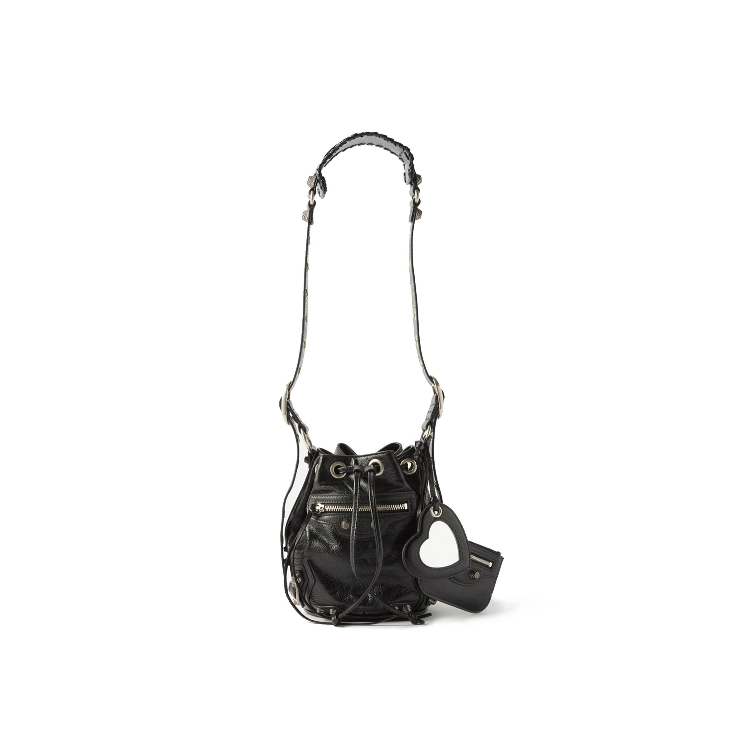 BALENCIAGA BLACK LE CAGOLE XS CRINKLED-LEATHER BUCKET BAG MATCHESFASHION US (22*20*15cm)