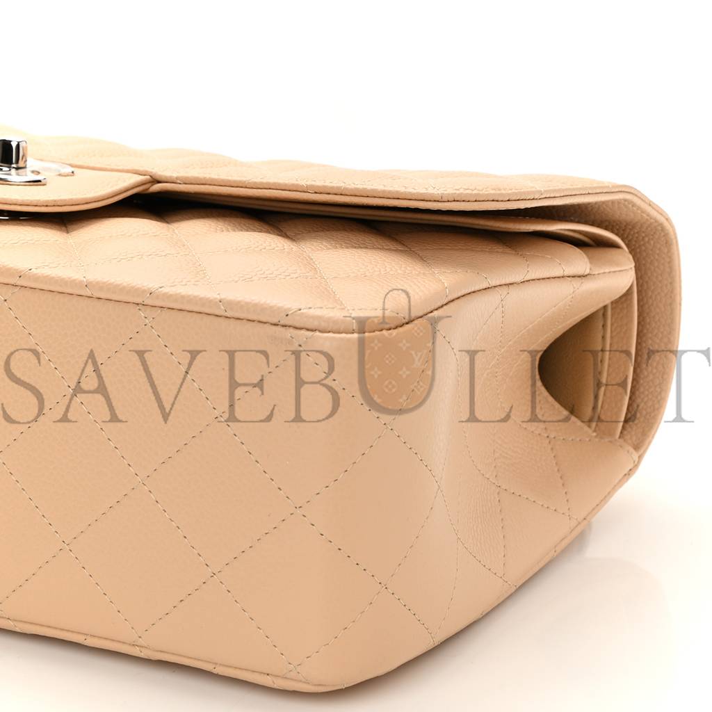 CHANEL CAVIAR QUILTED JUMBO DOUBLE FLAP BEIGE SILVER HARDWARE (30*19*9cm)