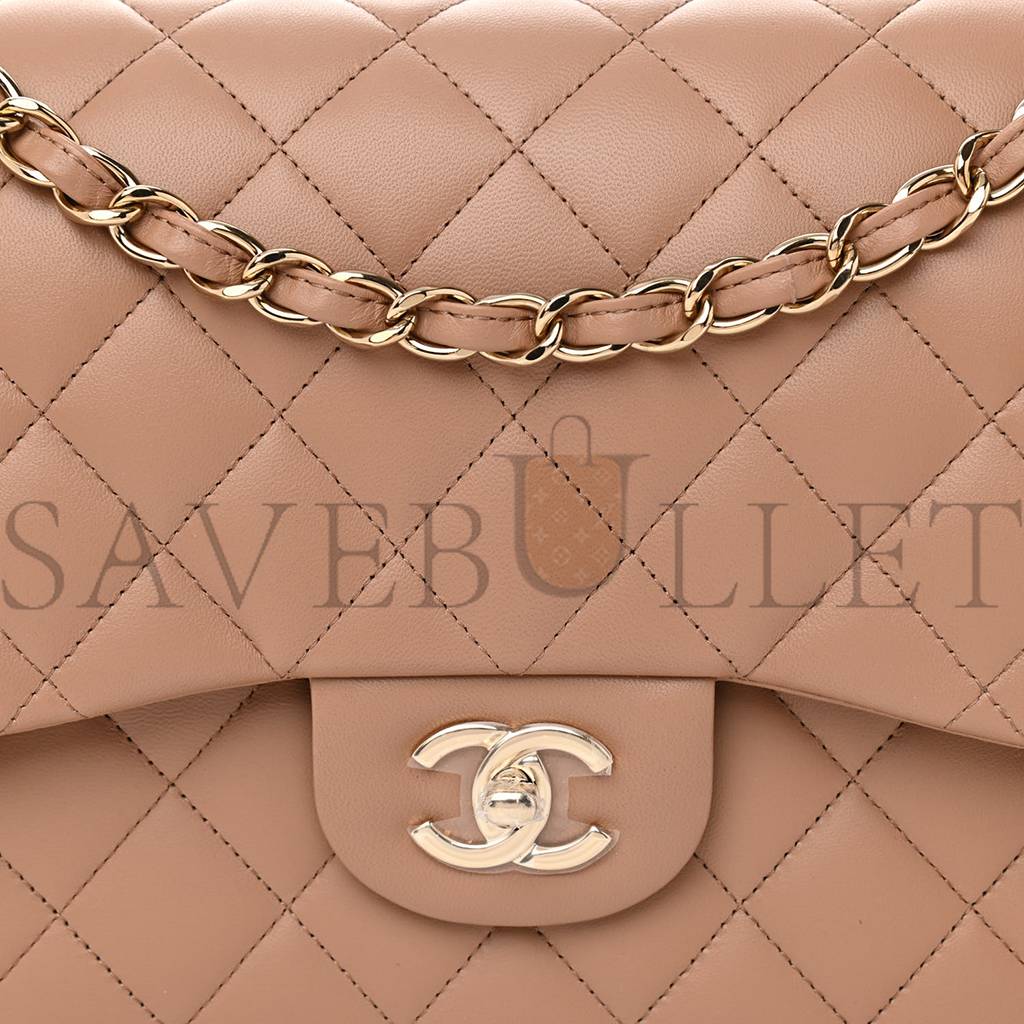 CHANEL LAMBSKIN QUILTED JUMBO DOUBLE FLAP DARK BEIGE ROSE GOLD HARDWARE (31*19*9cm)