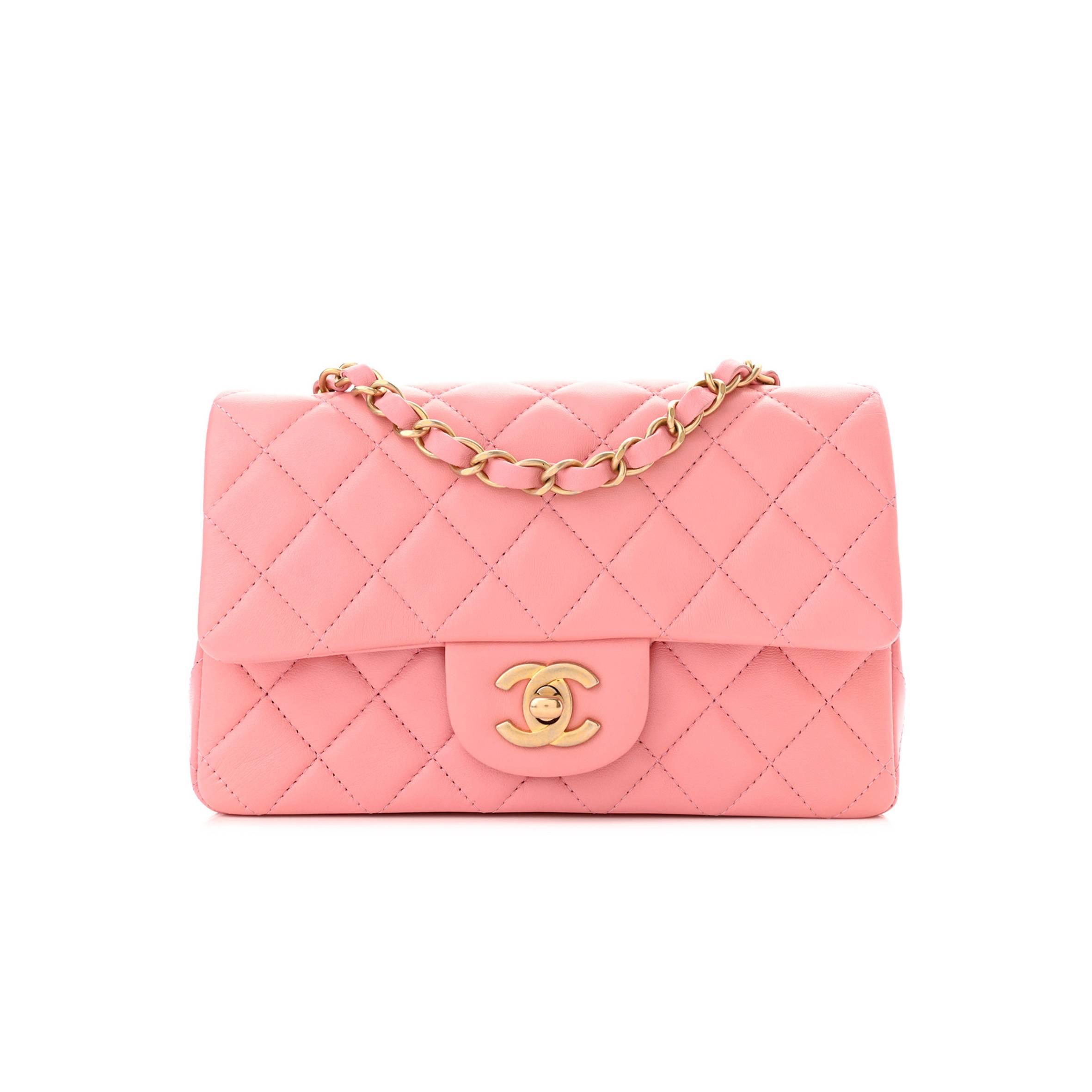 CHANEL LAMBSKIN QUILTED MINI RECTANGULAR FLAP PINK GOLD HARDWARE (20*11*6cm)