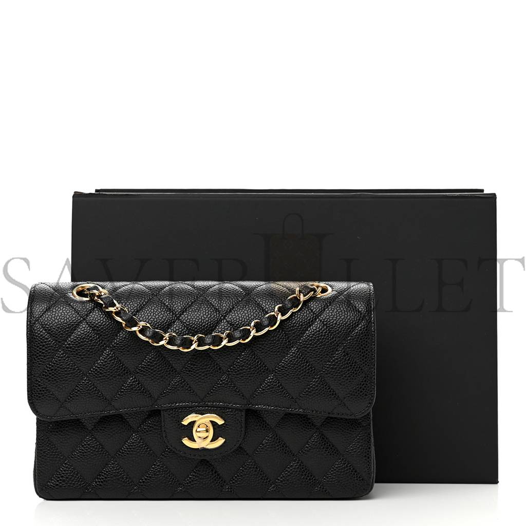 CHANEL CAVIAR QUILTED SMALL DOUBLE FLAP BLACK  GOLD HARDWARE (23*14*6cm)