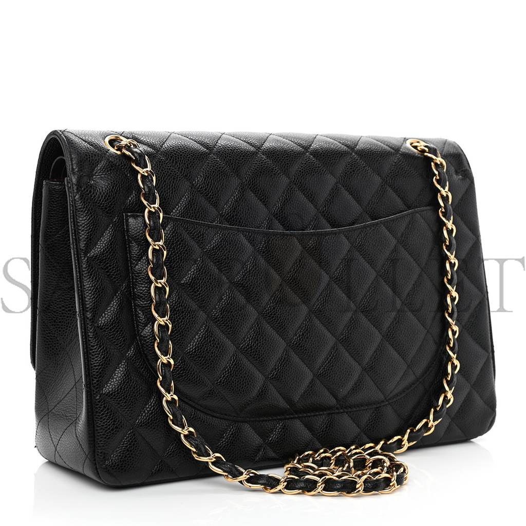 CHANEL CAVIAR QUILTED MAXI DOUBLE FLAP BLACK GOLD HARDWARE (33*22*10cm)