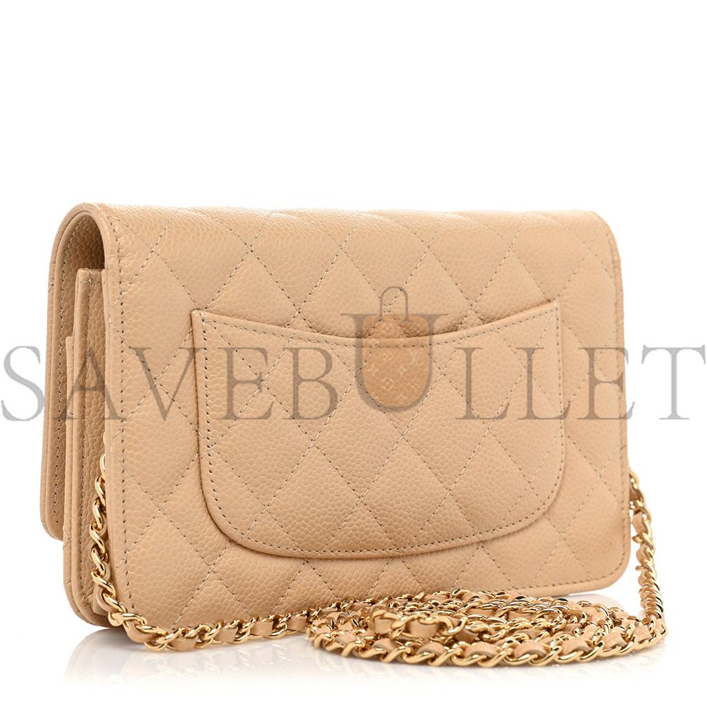 CHANEL CAVIAR QUILTED WALLET ON CHAIN WOC BEIGE ROSE GOLD HARDWARE (20*13*3cm)