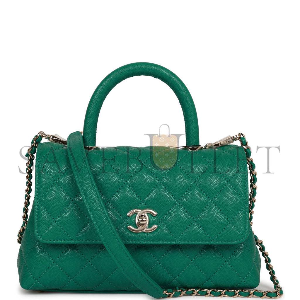 CHANEL SMALL COCO HANDLE FLAP BAG GREEN CAVIAR LIGHT GOLD HARDWARE (23*15*10cm)