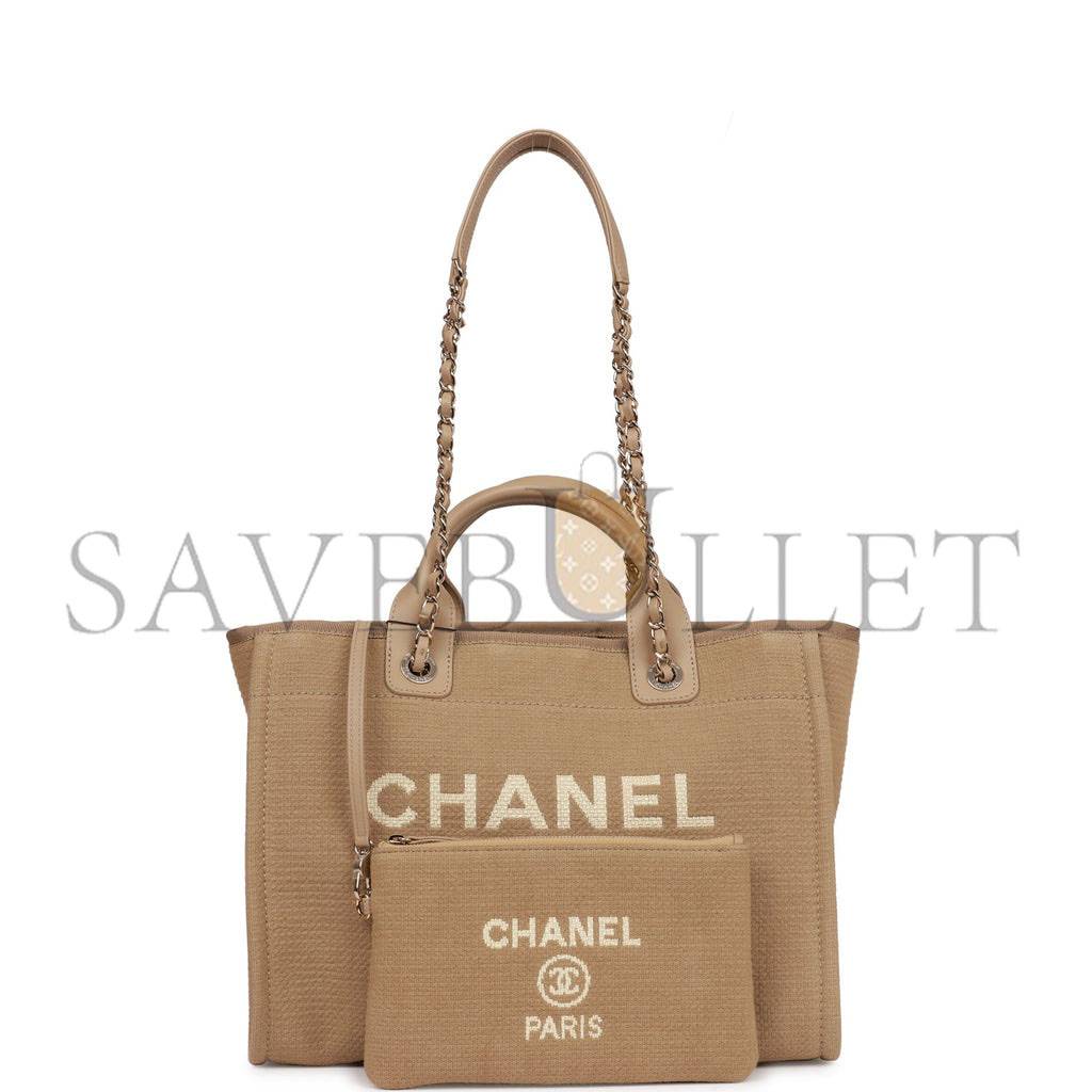 CHANEL SMALL DEAUVILLE SHOPPING BAG BEIGE BOUCLE LIGHT GOLD HARDWARE (34*27*15cm)