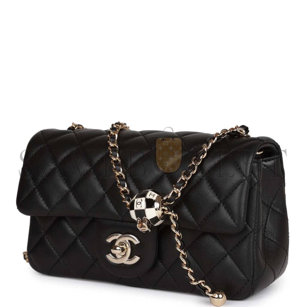 CHANEL PEARL CRUSH MINI RECTANGULAR FLAP BAG BLACK LAMBSKIN LIGHT GOLD HARDWARE (20*13*6cm)