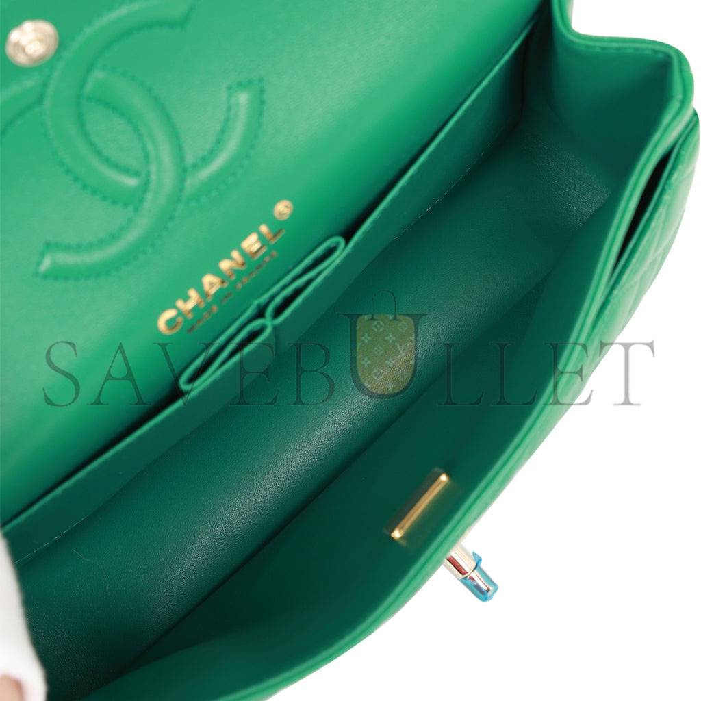 CHANEL SMALL CLASSIC DOUBLE FLAP BAG GREEN LAMBSKIN LIGHT GOLD HARDWARE (23*13*6cm)