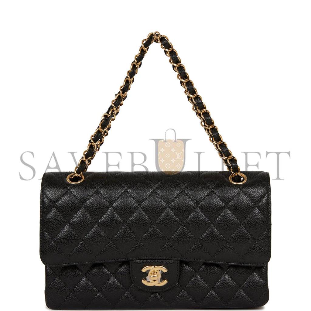 CHANEL MEDIUM CLASSIC DOUBLE FLAP BAG BLACK QUILTED CAVIAR GOLD HARDWARE (25*15*7cm)