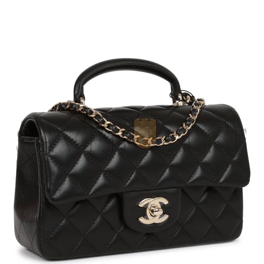 CHANEL MINI RECTANGULAR FLAP BAG WITH TOP HANDLE BLACK LAMBSKIN LIGHT GOLD HARDWARE (22*15*8cm)