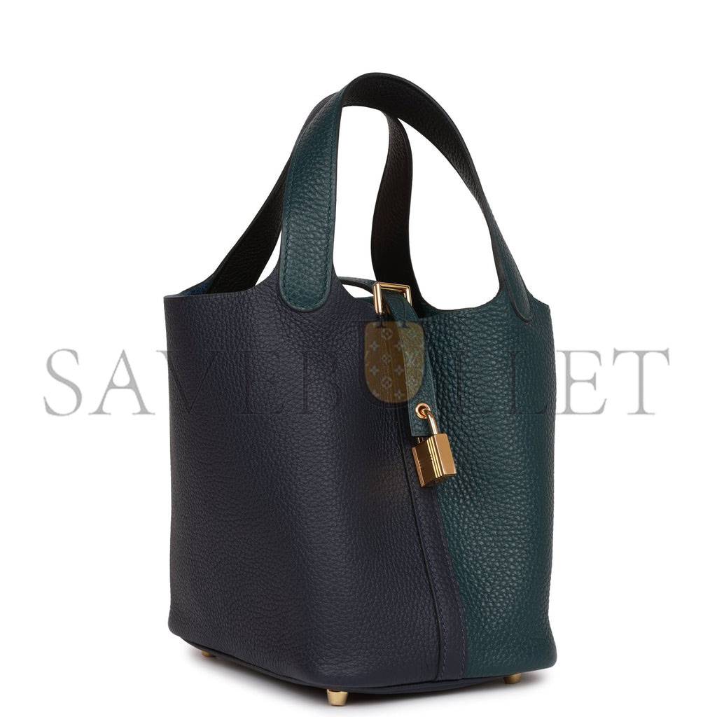 HERMES PICOTIN LOCK 18 CASAQUE VERT CYPRESS, BLEU NUIT AND BLACK CLEMENCE GOLD HARDWARE(18*13*18cm)