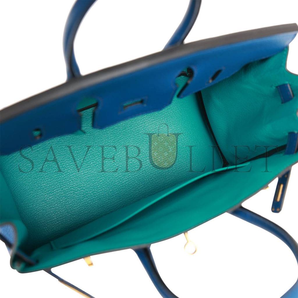 HERMES SPECIAL ORDER (HSS) BIRKIN 25 BLEU SAPHIR AND VERT VERTIGO CHEVRE BRUSHED GOLD HARDWARE HANDMADE (25.cm)