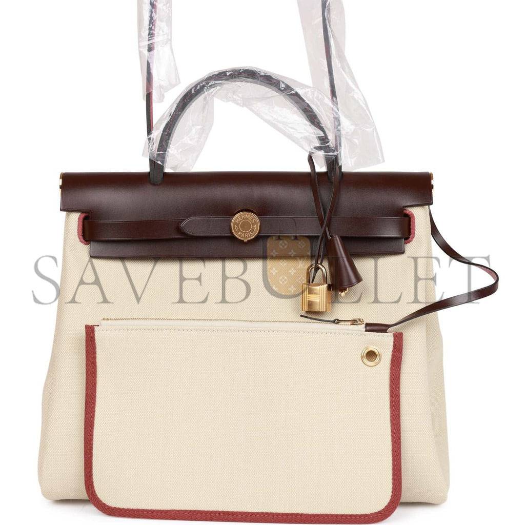 HERMES HERBAG ZIP PM 31 BETON TOILE H BERLINE ROUGE SELLIER HUNTER GOLD HARDWARE (30*27*11cm)