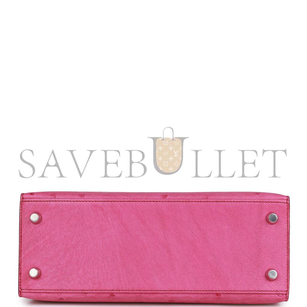 HERMES KELLY SELLIER 25 FUCHSIA OSTRICH PALLADIUM HARDWARE (25*17*7cm)