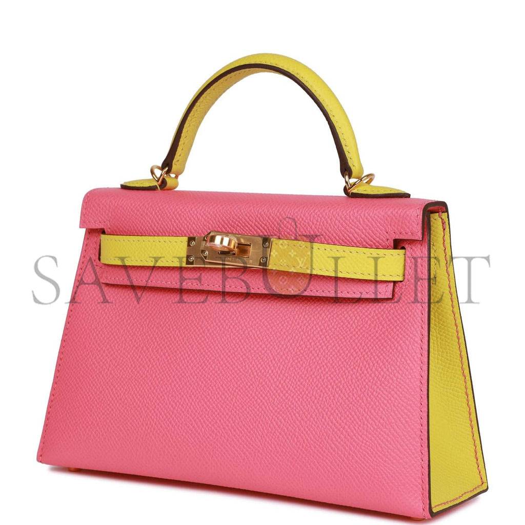 HERMES SPECIAL ORDER (HSS) KELLY MINI SELLIER 20 ROSE AZALEE AND LIME EPSOM GOLD HARDWARE (19*12*5.5cm)