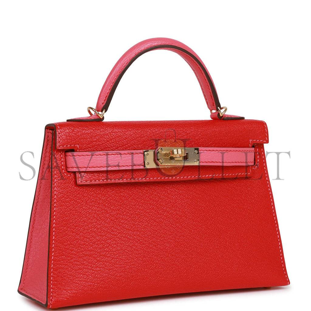 HERMES SPECIAL ORDER (HSS) KELLY MINI SELLIER 20 ROUGE DE COEUR AND ROSE LIPSTICK CHEVRE PERMABRASS HARDWARE (19*12*5.5cm)