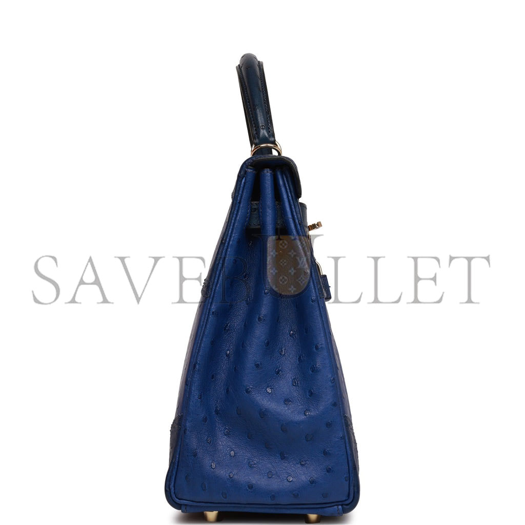 HERMES GHILLIES KELLY RETOURNE 32 BLEU SAPHIR, BLEU IRIS AND BLEU DE MALTE OSTRICH PERMABRASS HARDWARE (32cm)