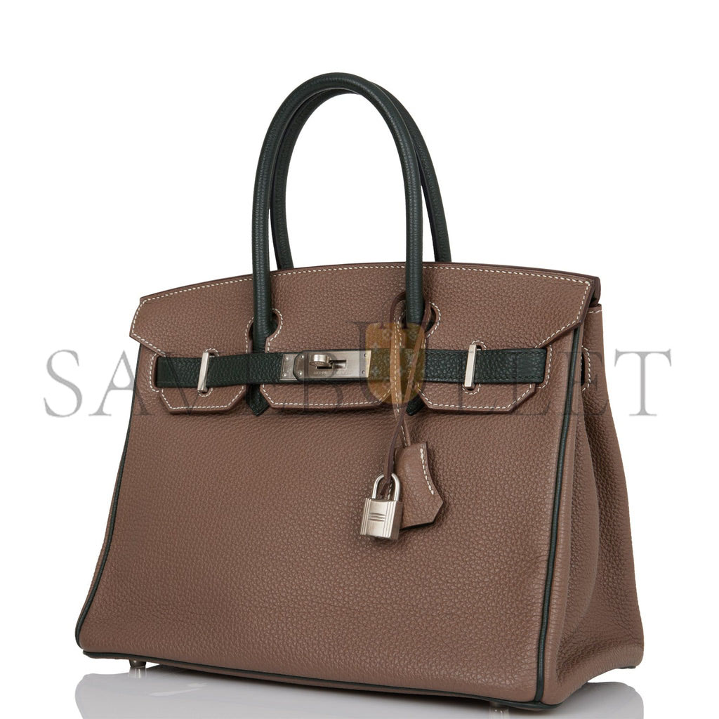 HERMES SPECIAL ORDER (HSS) BIRKIN 30 ETOUPE AND VERT FONCE TOGO BRUSHED PALLADIUM HARDWARE ( 30cm*22*16cm)