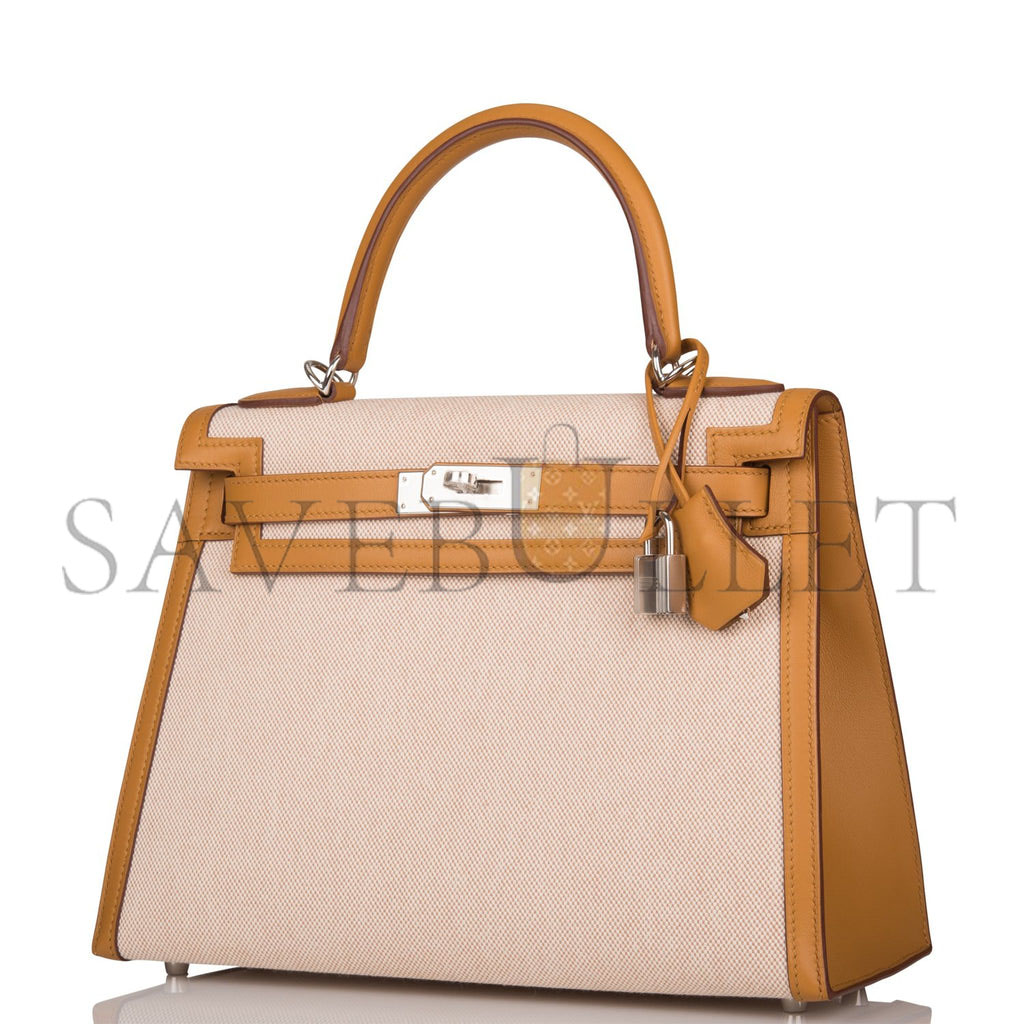 HERMES KELLY SELLIER 28 SESAME TOILE AND SWIFT PALLADIUM HARDWARE (28*22*10cm)