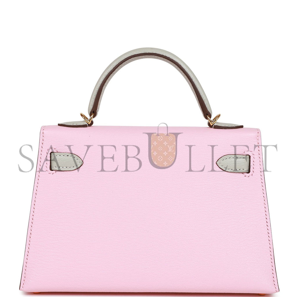 HERMES SPECIAL ORDER (HSS) KELLY SELLIER 20 ROSE SAKURA AND GRIS PERLE CHEVRE GOLD HARDWARE  (19*12*5.5cm)