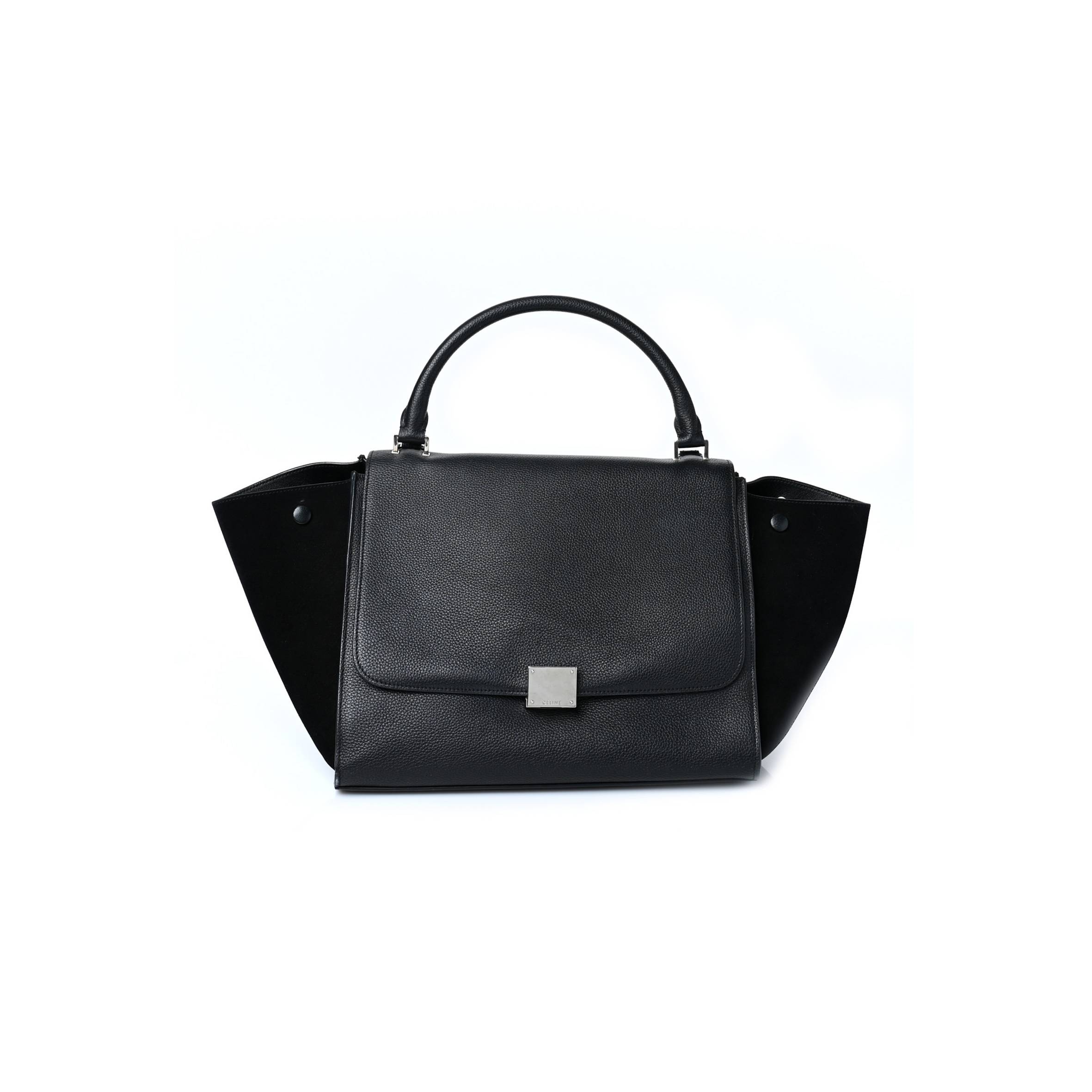 CELINE DRUMMED CALFSKIN SUEDE MEDIUM TRAPEZE BLACK (30*22*18cm)