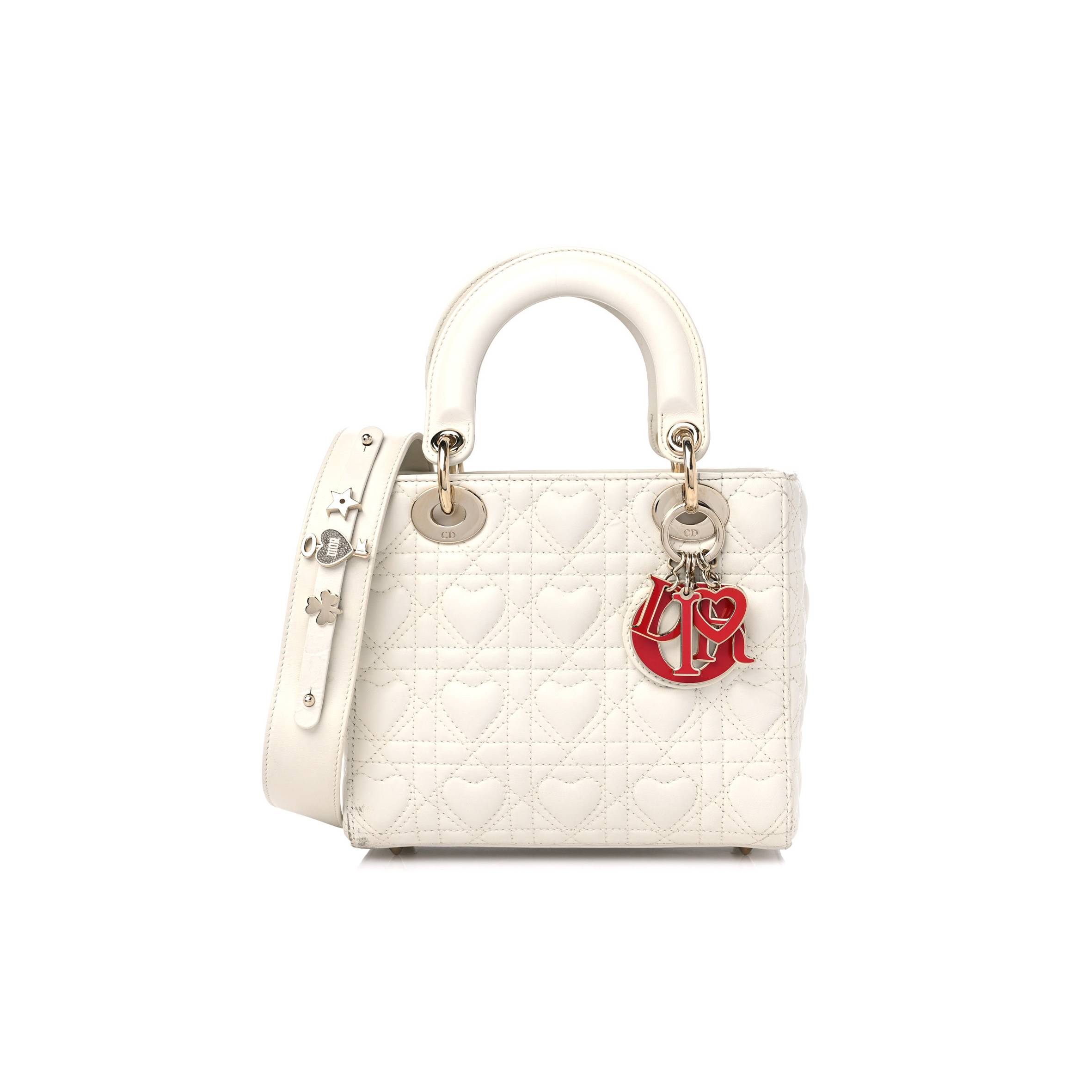 DIOR LAMBSKIN CANNAGE DIORAMOUR HEART SMALL LADY DIOR WHITE RED (20*17*8.3cm)