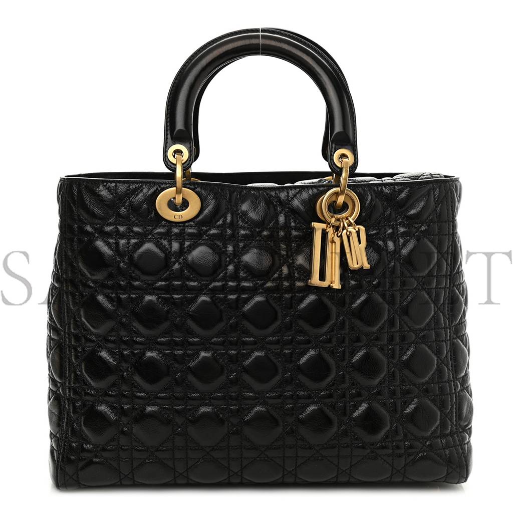 DIOR CRINKLED PATENT CANNAGE LARGE LADY DIOR BLACK (32*24*12.7cm)